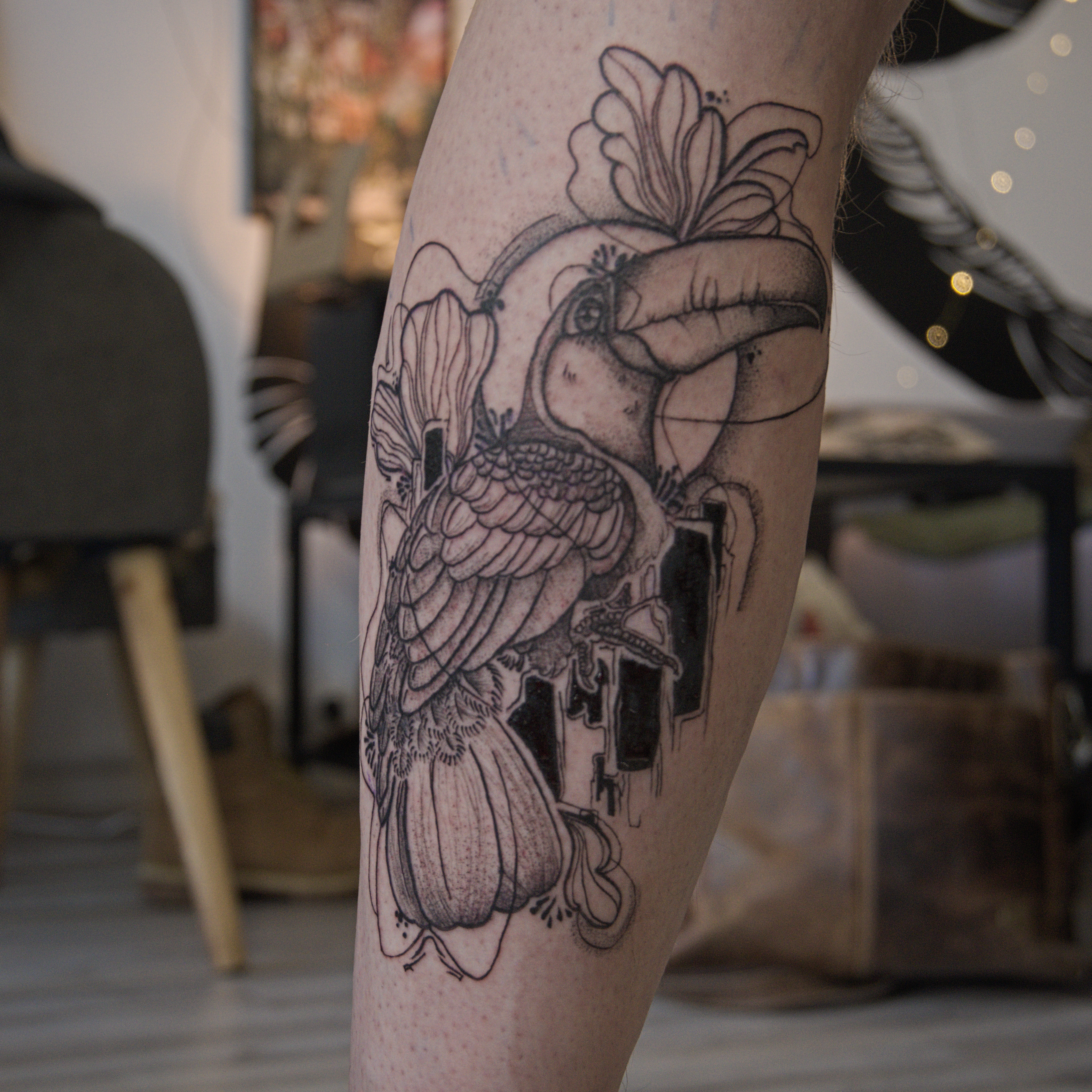 Tatouage toucan floral blackwork — Studio Ensō Cognin Chambéry